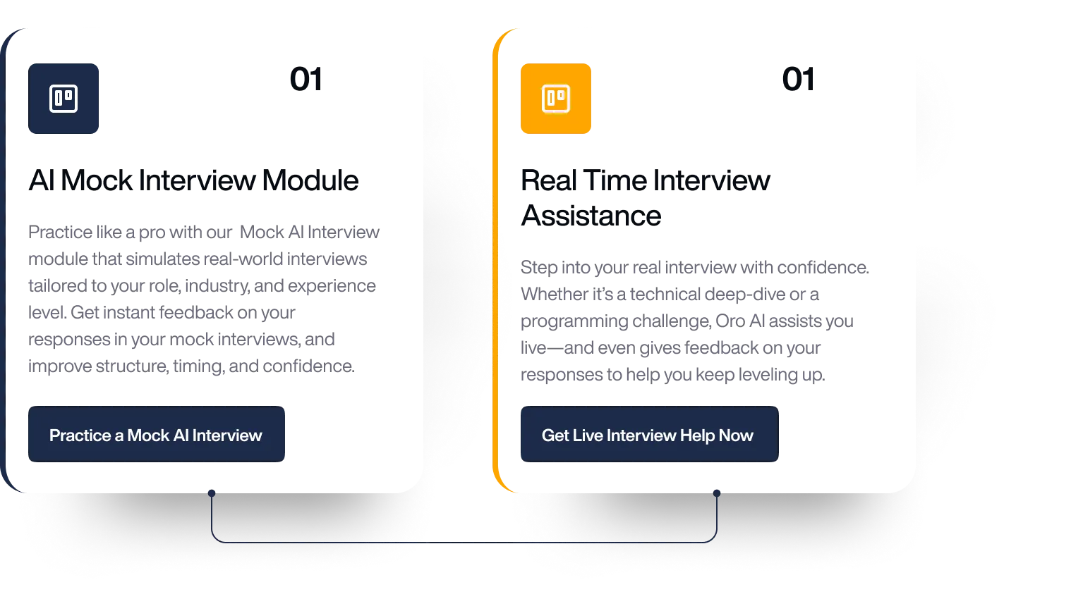 Mock interview interface showcasing AI-driven preparation tools for job seekers, featuring options for practicing interviews and live assistance.